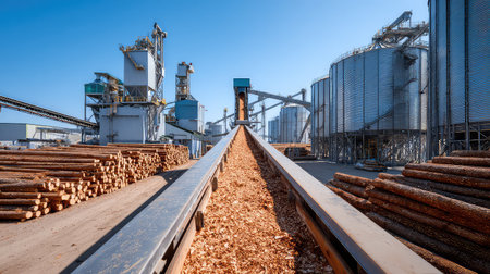 This image depicts a modern industrial lumber processing facility featuring logs on a conveyor, silos in the background, and clear skies, illustrating efficient wood processing operations.の素材