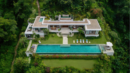 This stunning aerial view showcases a modern luxury villa with an infinity pool, nestled amidst lush tropical foliage, offering tranquility and escape.の素材