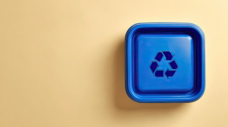 A vibrant blue recycling bin featuring the recycling symbol against a neutral background. This image captures themes of environmental awareness and sustainable practices.の素材