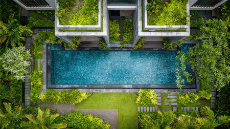 This stunning aerial view captures a luxurious infinity pool nestled within a lush tropical landscape, featuring vibrant greenery and modern architecture.の素材