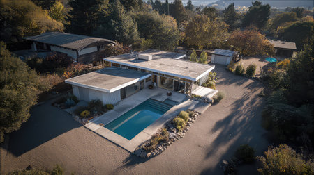 This stunning modern home features a sleek design with a swimming pool and beautiful landscaped areas, nestled among trees under bright daylight.の素材