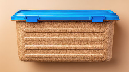 This image features a durable storage container with a blue lid against a neutral background, ideal for home organization and decluttering purposes.の素材
