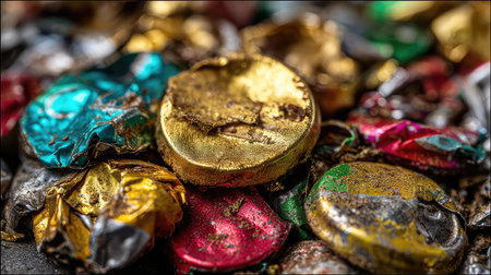 This macro photograph showcases a collection of colorful metallic scraps, highlighting vibrant textures and diverse surfaces. The composition captures the chaotic beauty of discarded materials, perfect for artistic and creative projects.の素材