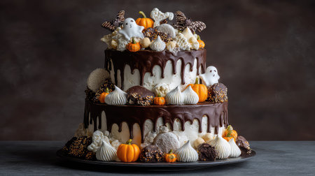 This stunning Halloween cake features multiple layers drizzled with rich chocolate, adorned with playful ghost decorations and vibrant pumpkins, ideal for autumn festivities.の素材