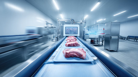 A modern food processing facility showcases raw meat being transported on a conveyor belt, emphasizing hygiene and advanced technology in meat production.の素材