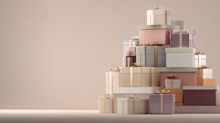 A visually appealing collection of colorful gift boxes stacked in an elegant arrangement, perfect for conveying joy and celebration in any festive setting.の素材