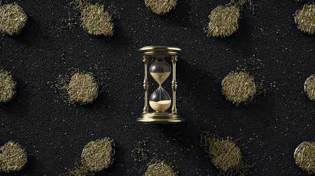 A visually striking composition featuring a golden hourglass at the center, surrounded by haystacks on a dark textured backdrop, symbolizing the passage of time.の素材
