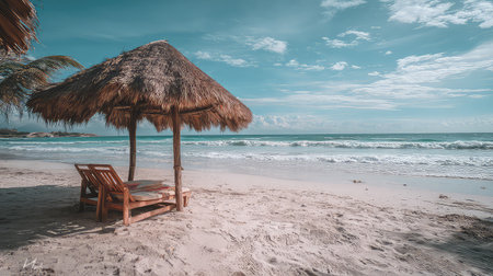 A tranquil beach scene featuring a traditional straw hut and a wooden lounge chair, perfect for relaxation by the ocean waves under a bright blue sky.の素材