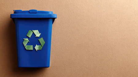 A blue recycling bin with a green recycling symbol stands prominently against a brown background, highlighting the importance of waste management and eco-friendly practices.の素材