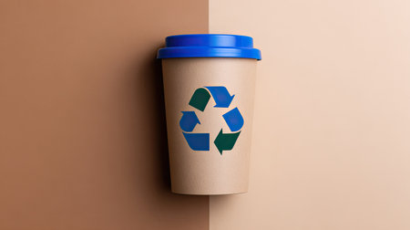 This image features an eco-friendly coffee cup with a blue lid, prominently displaying a recycling symbol against a two-tone background. Perfect for promoting sustainability.の素材