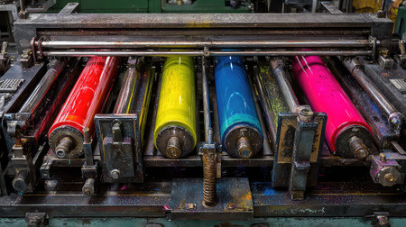 This close-up image showcases colorful inks in printing press rollers, emphasizing the vibrant process of color application in printing. The scene highlights the intricate machinery and vivid hues used in production, representing the art and technology of printmaking.の素材