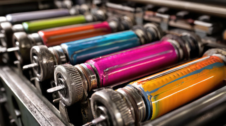 A close-up shot of vibrant ink canisters in a printing press, capturing the intricate details of colors and machinery indicative of industrial creativity.の素材
