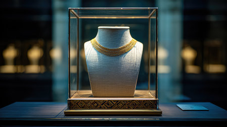 A stunning gold necklace elegantly displayed in a glass showcase, highlighting the exquisite craftsmanship and luxurious design of fine jewelry.の素材