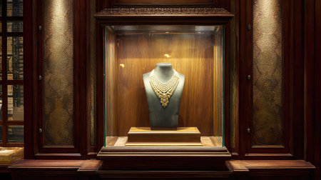 This captivating image showcases an exquisite gold necklace displayed elegantly in a luxurious jewelry showcase, surrounded by warm lighting, highlighting the intricate craftsmanship and opulent design.の素材