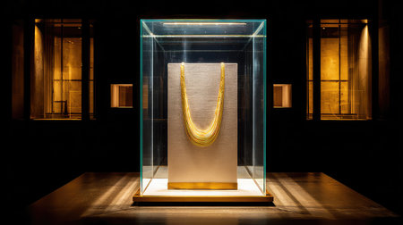 This stunning image captures an elegant gold necklace displayed within a glass enclosure, situated in a dark museum setting that highlights its intricate design and luxurious allure.の素材