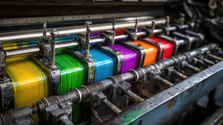 Close-up view of an industrial printing press showing vivid colors of ink flowing through machinery. The intricate details reveal the color dynamics in printing technology, showcasing the blend of artistry and machine.の素材
