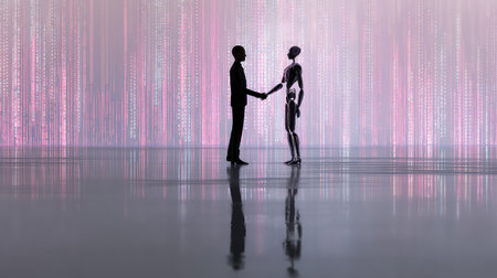A silhouette of a human and a robot shakes hands in a colorful digital landscape, symbolizing the merging of technology and humanity in modern society.の素材