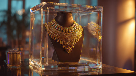 A stunning gold necklace is showcased in a clear glass case, illuminated by soft lighting, emphasizing the intricate details and luxurious design.の素材
