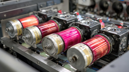 This image showcases a close-up view of vibrant rollers in an industrial printing machine, highlighting the intricate technology and precision involved in the printing process.の素材