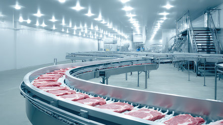 This image showcases a modern industrial meat processing facility featuring a conveyor belt transporting fresh cuts. The clean environment highlights advanced technology in food production.の素材