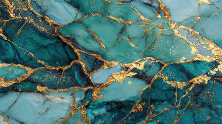 This captivating abstract image features rich turquoise and striking gold veins, ideal for use in design projects, digital art, or elegant backgrounds.の素材