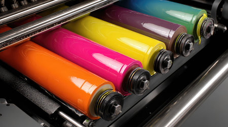Close-up view of vibrant ink rollers in a printing press, showcasing an array of bold colors. Ideal for projects related to design and technology.の素材