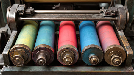 This image captures the intricate details of a vintage printing press, showcasing colorful inking rollers that highlight the beauty of traditional printmaking technology.の素材