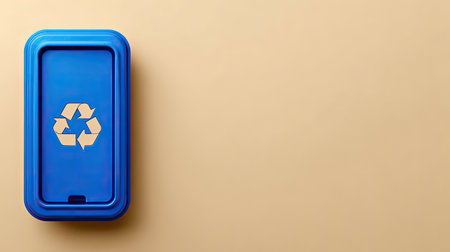A blue recycling bin with a yellow recycle symbol prominently displayed against a beige background, emphasizing themes of waste management and sustainability.の素材