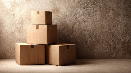 A collection of stacked brown cardboard boxes in a minimalist setting, ideal for themes related to shipping, delivery, and storage solutions.の素材