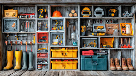 This image showcases a well-organized workshop filled with various hand tools, safety equipment, and storage solutions, ideal for DIY enthusiasts and professionals.の素材