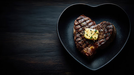 This captivating image features a heart-shaped grilled steak topped with herb butter, perfect for romantic dinner settings. A visual feast for food lovers.の素材