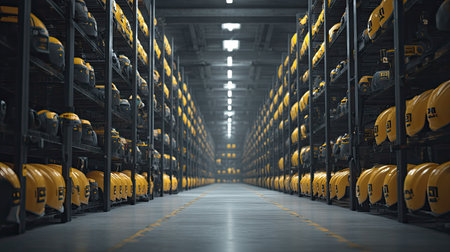 A captivating view of a long aisle in an industrial warehouse lined with yellow safety helmets on metal shelves, thematically showcasing construction safety and organization.の素材