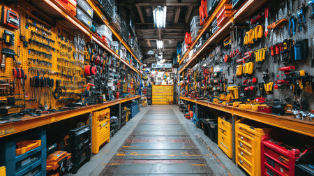 A vibrant and organized aisle in a workshop filled with various hand tools and equipment. Perfect for showcasing craftsmanship and practicality in a workspace.の素材