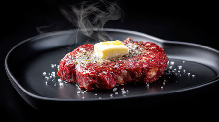 A beautifully presented grilled steak topped with a melting pat of butter, emitting steam, garnished with sea salt crystals for an appetizing visual appeal.の素材