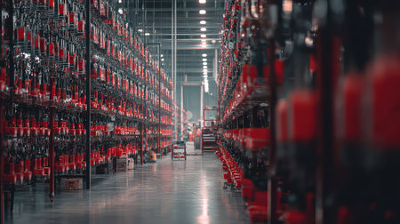 A vast interior of a modern warehouse showcasing organized rows of industrial equipment under bright lighting, emphasizing efficient logistics and management.の素材