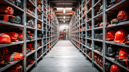 A visually appealing storage room displaying an organized array of safety gear, including vibrant helmets and protective equipment, ideal for various industries.の素材