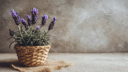 A charming arrangement of vibrant lavender flowers in a decorative woven pot, set against a rustic background, offering a tranquil home decor vibe.の素材
