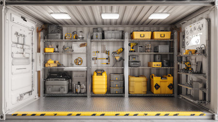 A well-organized storage setup inside a freight container showcases various tools and yellow equipment, optimized for efficiency and accessibility.の素材