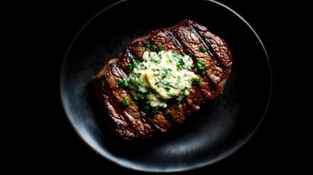 A beautifully grilled steak topped with rich herb butter, served on a stylish black plate, ideal for culinary enthusiasts seeking gourmet inspiration.の素材