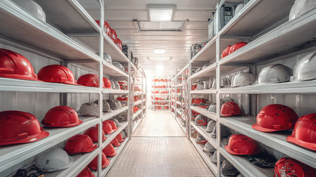 Brightly lit storage room showcasing neatly arranged safety helmets on metal shelves, emphasizing organization and safety measures for construction environments.の素材