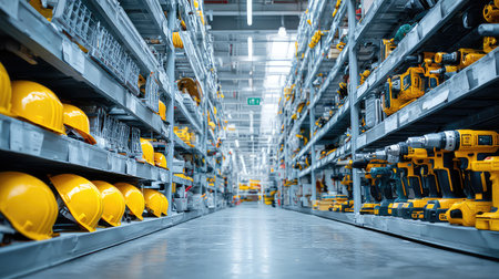 A clean and well-organized aisle in a hardware store features various tools and safety gear. Bright lighting enhances visibility of the inventory, showcasing equipment ready for purchase.の素材