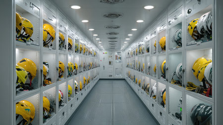 This image showcases a well-organized storage room filled with safety helmets and gear, emphasizing workplace safety and efficient design in an industrial setting.の素材