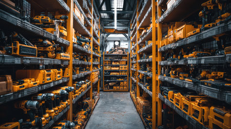 This image showcases a well-organized warehouse filled with a diverse array of yellow power tools and equipment, perfect for construction and DIY projects.の素材
