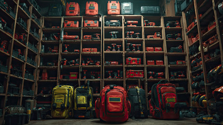 A visually striking arrangement of red tool bags and various equipment in a well-lit, organized storage space, showcasing efficiency and practicality for craftsmen.の素材