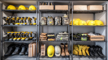 A well-organized storage area showcasing various construction tools and safety gear, featuring hard hats, boots, gloves, and power drills on sturdy shelves.の素材