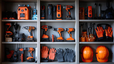 This image showcases an organized storage shelf filled with vibrant orange hand tools and accessories, ideal for construction, maintenance, and DIY projects.の素材