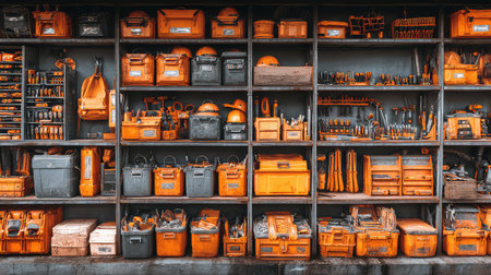 A striking display of various tools and equipment organized on industrial shelves, showcasing bright orange storage containers and vibrant accessories.の素材