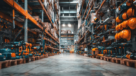 A spacious warehouse aisle showcasing an array of hand tools and power equipment, featuring organized shelves filled with supplies and machinery.の素材