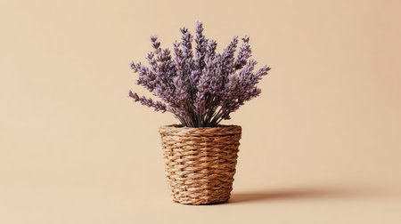 A beautiful lavender flower arrangement in a woven pot against a soft neutral background, perfect for home decor. Ideal for interior design enthusiasts.の素材