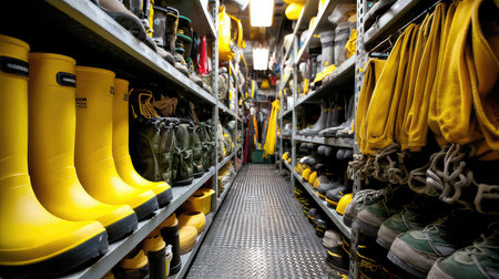 A well-organized warehouse featuring bright yellow rubber boots and various types of footwear and gear neatly arranged on shelves, showcasing a functional space for industrial use.の素材